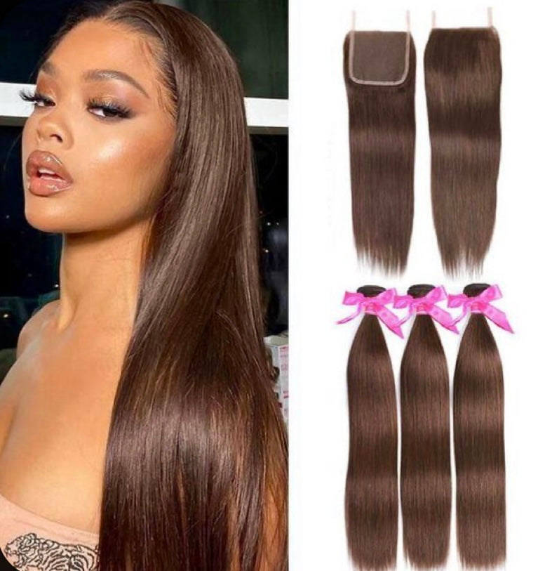 Brown straight human hair bundles with 6x6 HD lace closure