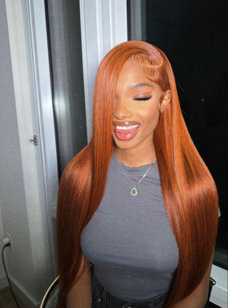 Luxury Copper Auburn Bone-Straight GLUELESS Undetectable Lace, 100% Human Hair Wig