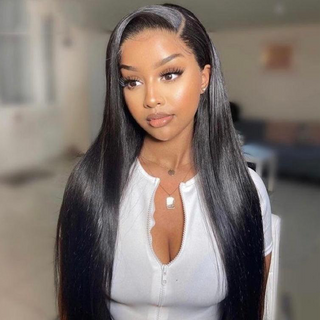 •STRAIGHT GODDESS: Black Straight GLUELESS HD Lace, Pre-Plucked & Pre-Cut 100% Human Hair Wig
