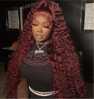 Burgundy deep wave wig with HD undetectable lace, 100% human hair, and premium texture