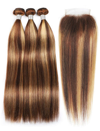 •Highlights Straight, 3 Bundles with Closure, 6x6 Hd Undetectable Lace- 100% Human Hair