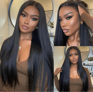 •STRAIGHT GODDESS: Black Straight GLUELESS HD Lace, Pre-Plucked & Pre-Cut 100% Human Hair Wig