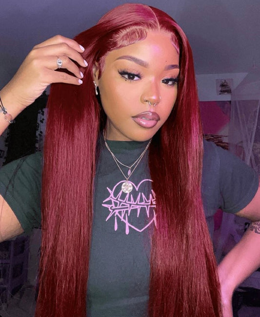 B Luxury burgundy straight HD lace wig made with 100% premium human hair