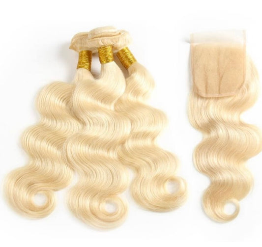 Blonde body wave human hair bundles with HD lace closure