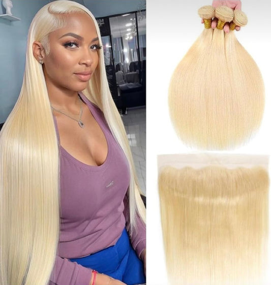 Blonde straight human hair bundles with 6x6 HD lace closure