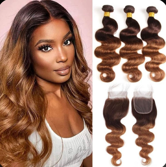 Body wave ombré human hair bundles with HD lace closure, light brown to dark brown
