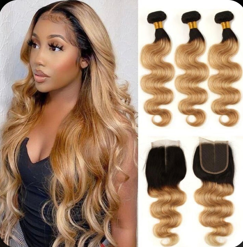 Body wave ombre (black to blonde) 3 bundles with HD lace closure, made from 100% human hair
