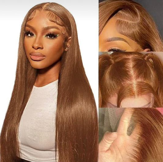 Brown straight wig with HD undetectable lace, 100% human hair, silky smooth texture
