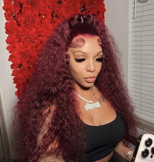 Burgundy deep wave wig with HD undetectable lace, 100% human hair, and premium texture

