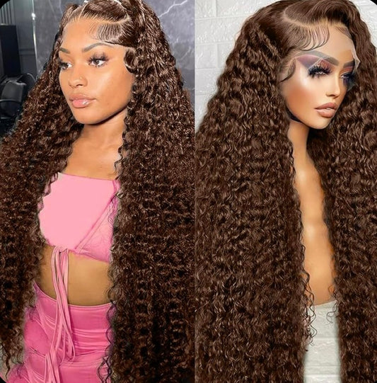 Chocolate dark brown deep wave HD lace wig crafted from 100% premium human hair with a seamless lace melt