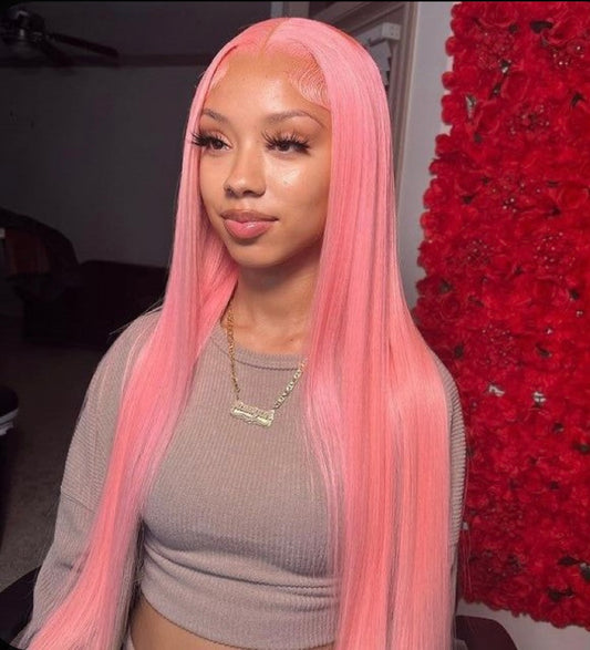 Cotton Candy pink straight HD lace wig made with 100% premium human hair