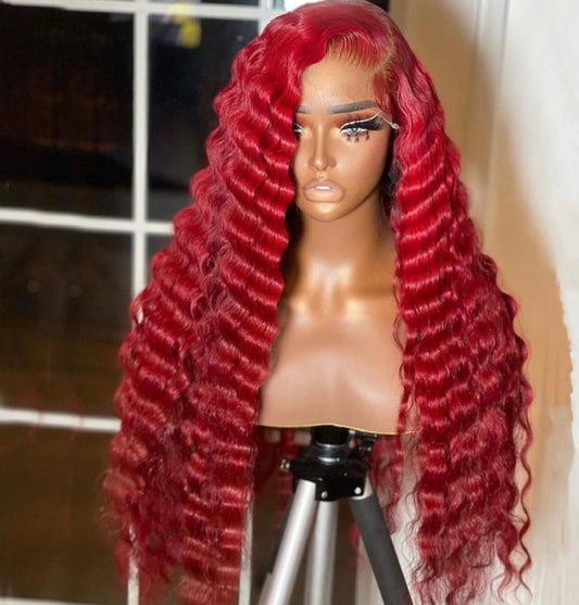 Deep Red loose deep wave HD lace wig crafted from 100% premium human hair with a seamless lace melt