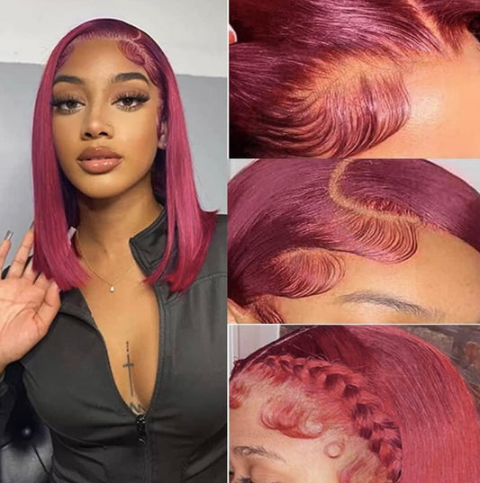 Genevieve burgundy straight bob HD lace wig crafted from 100% premium human hair with a seamless lace melt