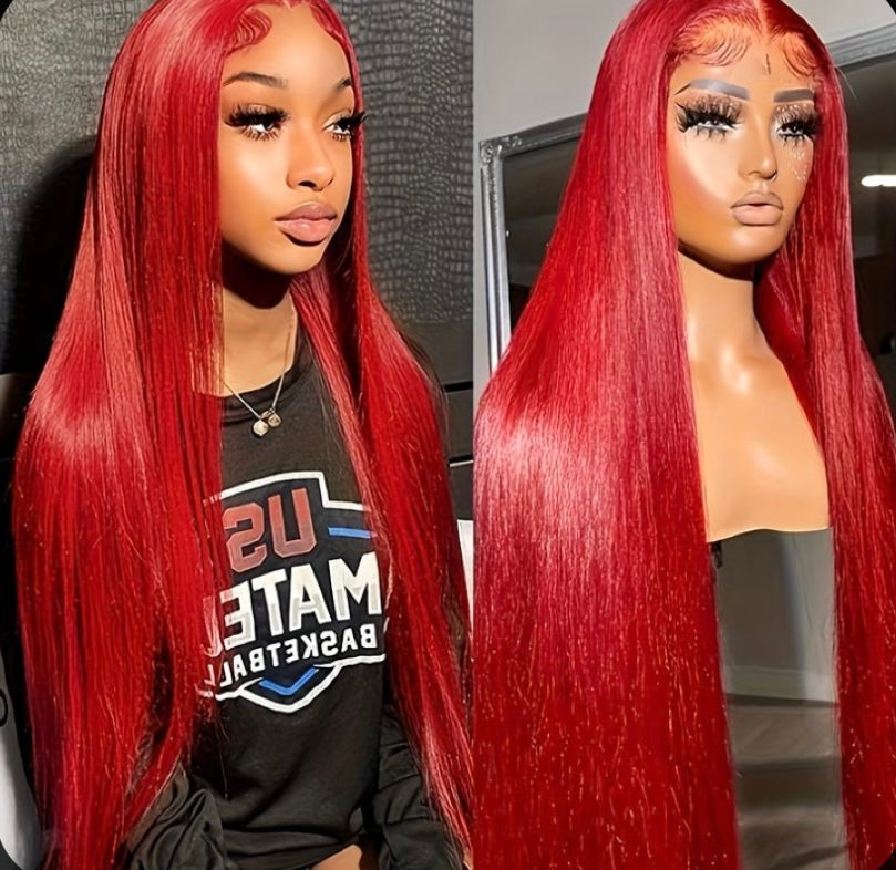 Premium Spice red straight wig with HD lace, made from 100% human hair