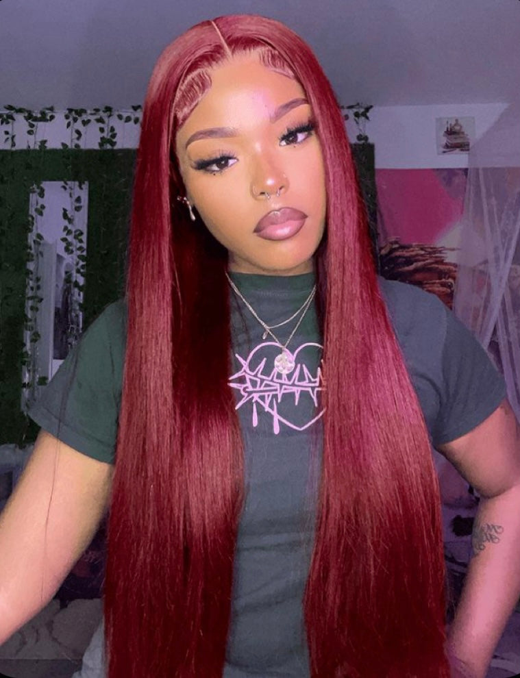 B Luxury burgundy straight HD lace wig made with 100% premium human hair