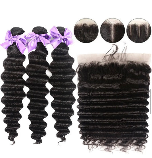 Black loose deep wave human hair bundles with 6x6 HD lace closure