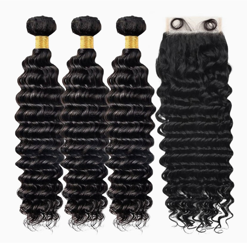 Black deep wave human hair bundles with 6x6 HD lace closure
