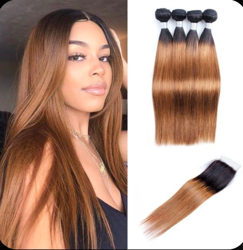 Ombré straight human hair bundles with HD lace closure
