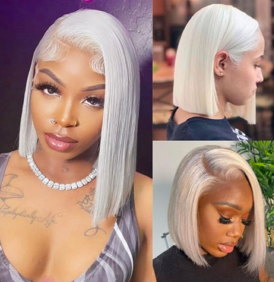 Platinum blonde straight bob HD lace wig made with premium 100% human hair and seamless lace melt technology