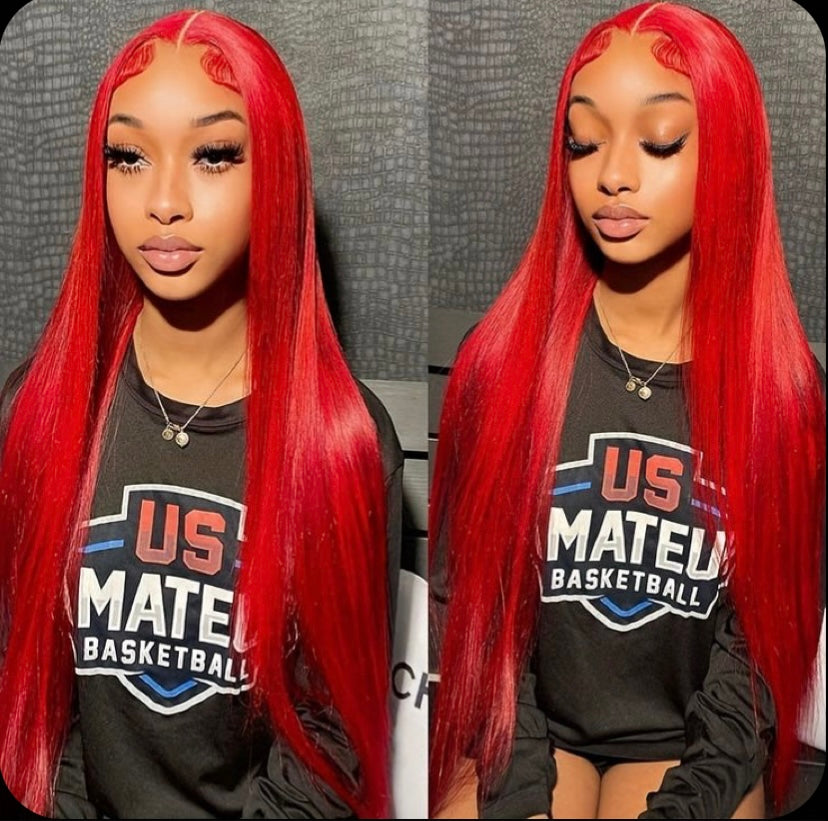 Premium Spice red straight wig with HD lace, made from 100% human hair