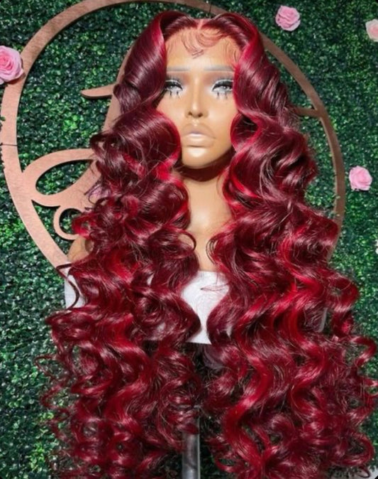 Pretty Love burgundy highlight curly HD lace wig made with 100% premium human hair and a seamless lace melt
