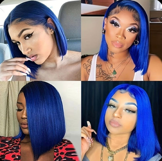 Real Blue straight bob HD lace wig crafted from 100% premium human hair with a seamless lace melt