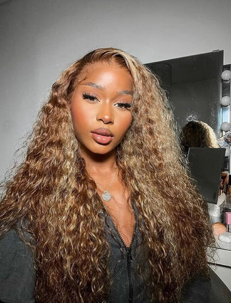 Star Light highlight deep wave HD lace wig made with 100% premium human hair and a seamless lace melt.