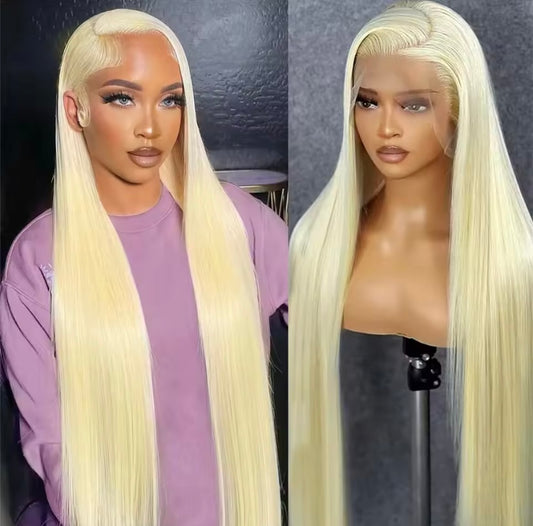 Straight blonde HD lace wig made with 100% human hair.