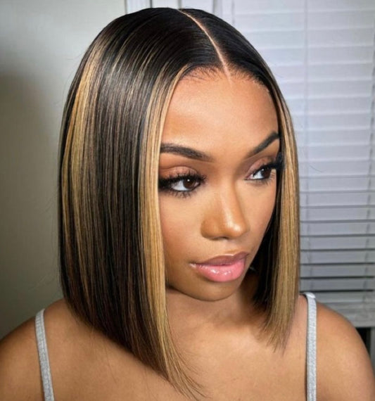 Straight bob wig with black and honey blonde highlights and HD lace