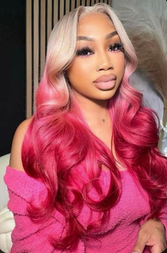 Valentina ombre body wave HD lace wig in a blonde to pink color, made of 100% human hair